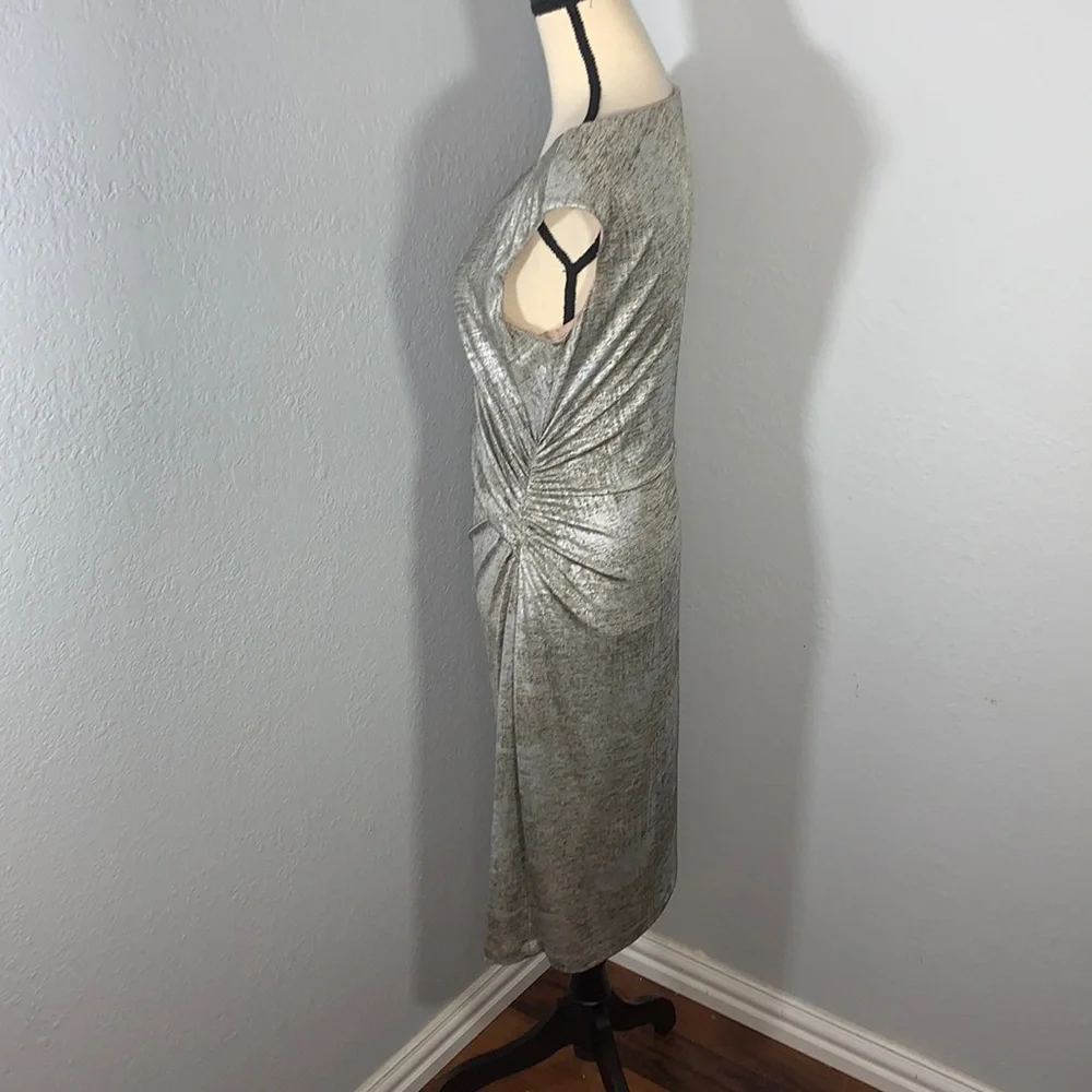 Connected Apparel Metallic Gold Faux Wrap Midi Dress Size 8 Holiday Party